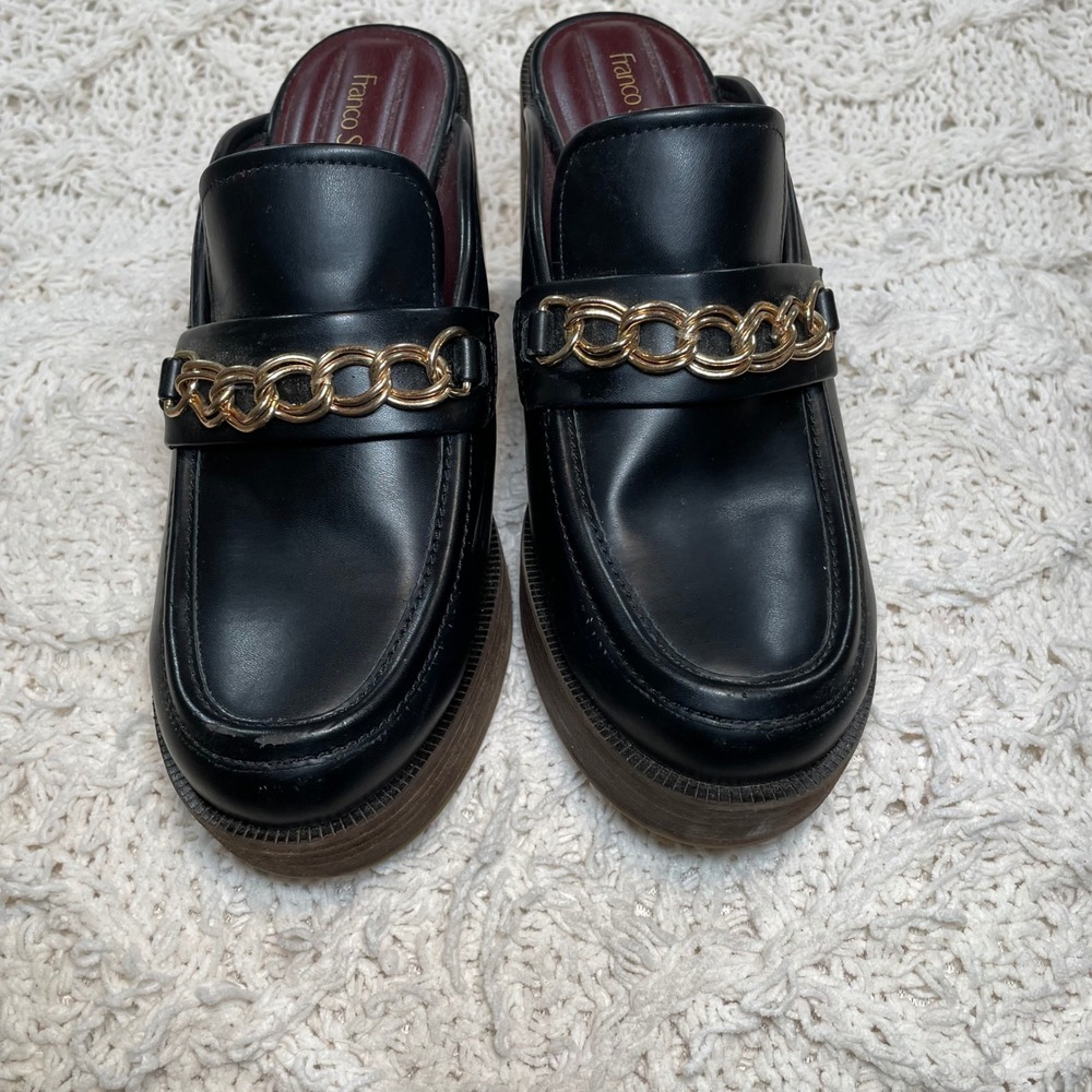 Franco Sarto Katra Black Platform Clog Mules Gold Chain Link Loafer‎ Heel 8M - Picture 2 of 9